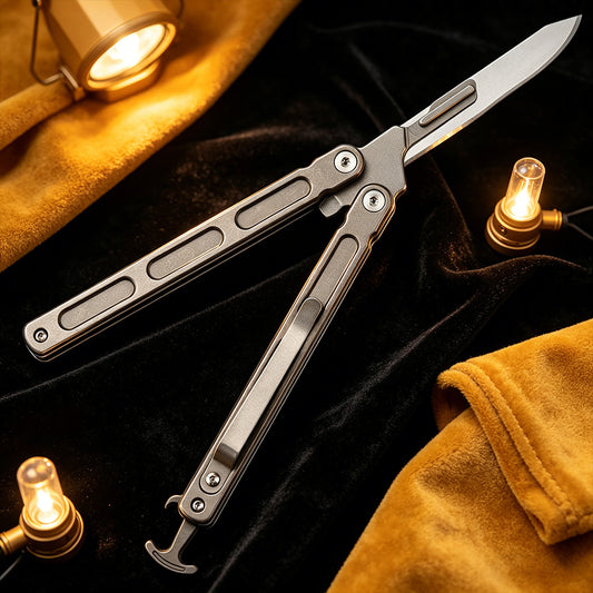 Latch Lock Balisong Folding Knife,5.7" With Three styles of replacement blades,Titanium Handle,Everyday Carry & Outdoor