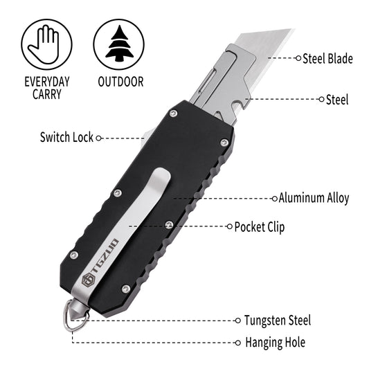 TGZUO 5.98" Heavy-Duty EDC Utility Knife - Quick-Change Blade, Black Aluminum Handle | TGQ37