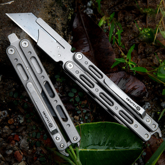 Latch Lock Balisong Utility Knife,7.28" With SK2 Steel Razor Blades,Titanium Handle,Everyday Carry & Outdoor