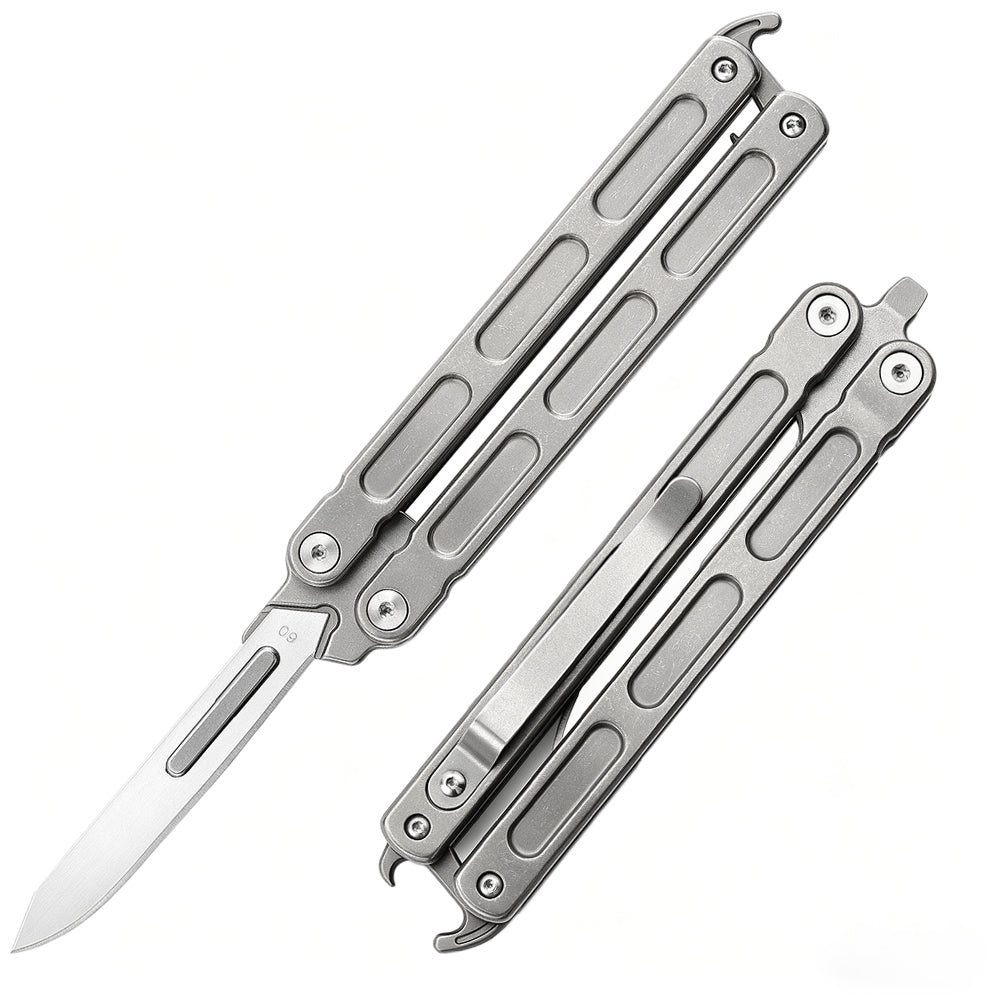 TGZUO 5.7" EDC Folding Pocket Tool - Stainless Steel #24 & #60 Universal Quick-Change Cutter & Precision Machined Titanium Handle(Grey)