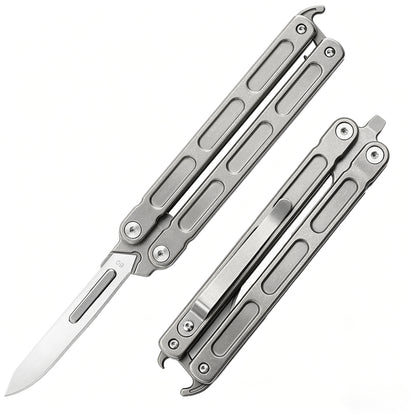 TGZUO 5.7" EDC Folding Pocket Tool - Stainless Steel #24 & #60 Universal Quick-Change Cutter & Precision Machined Titanium Handle(Grey)