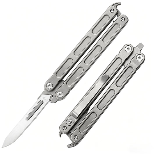 Latch Lock Balisong Folding Knife,5.7" With Three styles of replacement blades,Titanium Handle,Everyday Carry & Outdoor