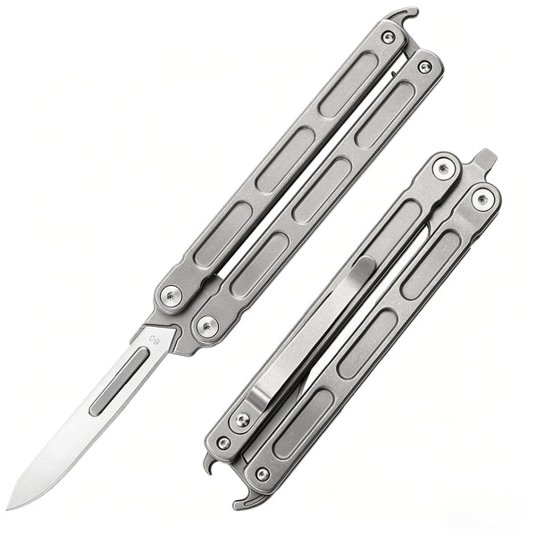 Latch Lock Balisong Folding Knife,5.7" With Three styles of replacement blades,Titanium Handle,Everyday Carry & Outdoor