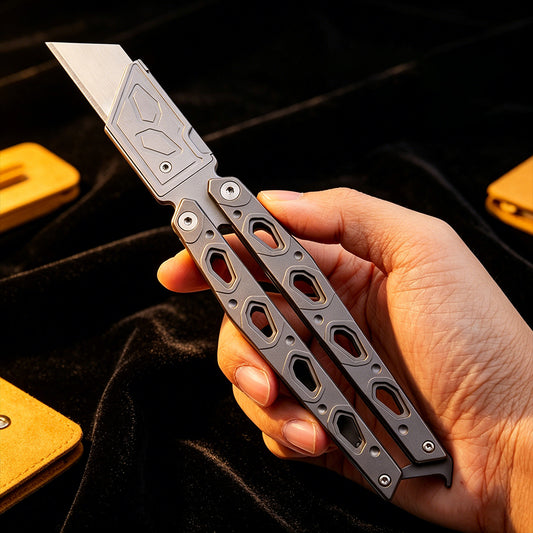 Latch Lock Balisong Utility Knife,7.2" With SK2 Steel Razor Blades,Titanium Handle,Everyday Carry & Outdoor