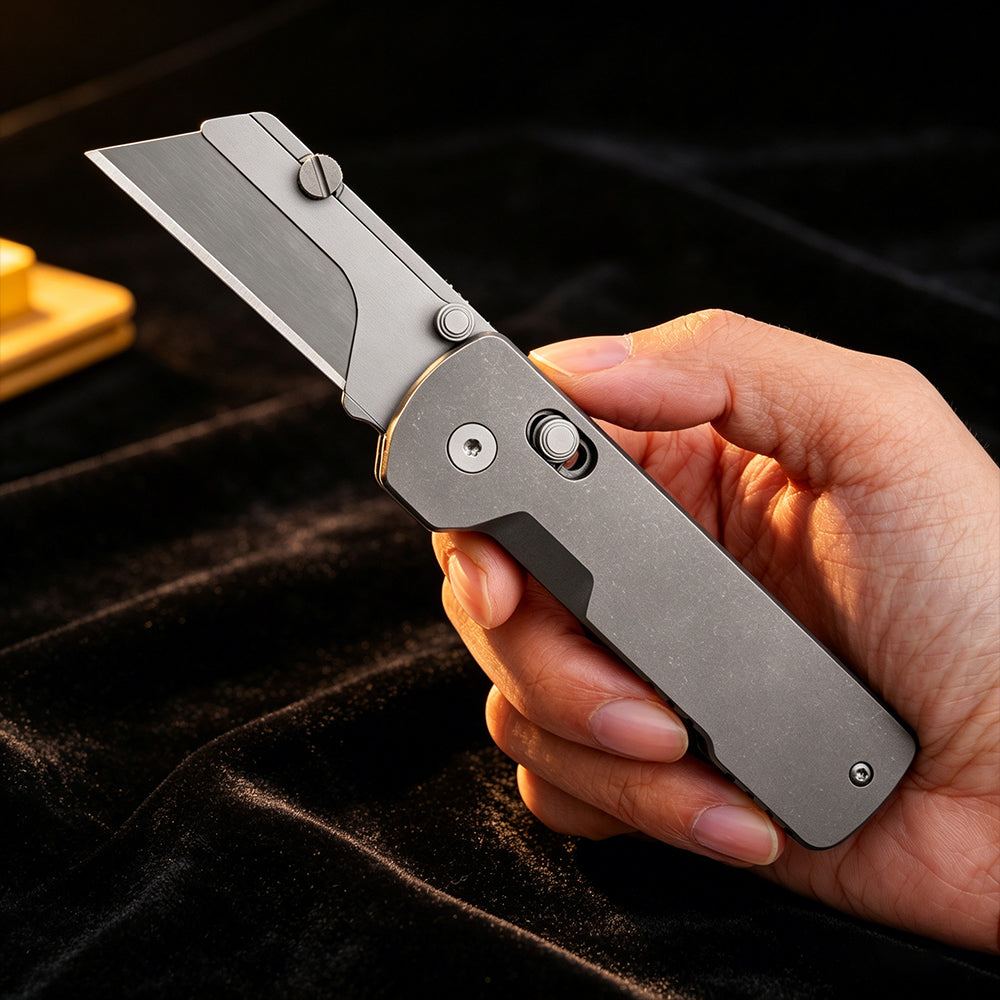 TGZUO 6.18" Premium Folding Utility Tool - SK5 Steel Quick-Change Cutter & Precision Machined Titanium Handle(Grey)