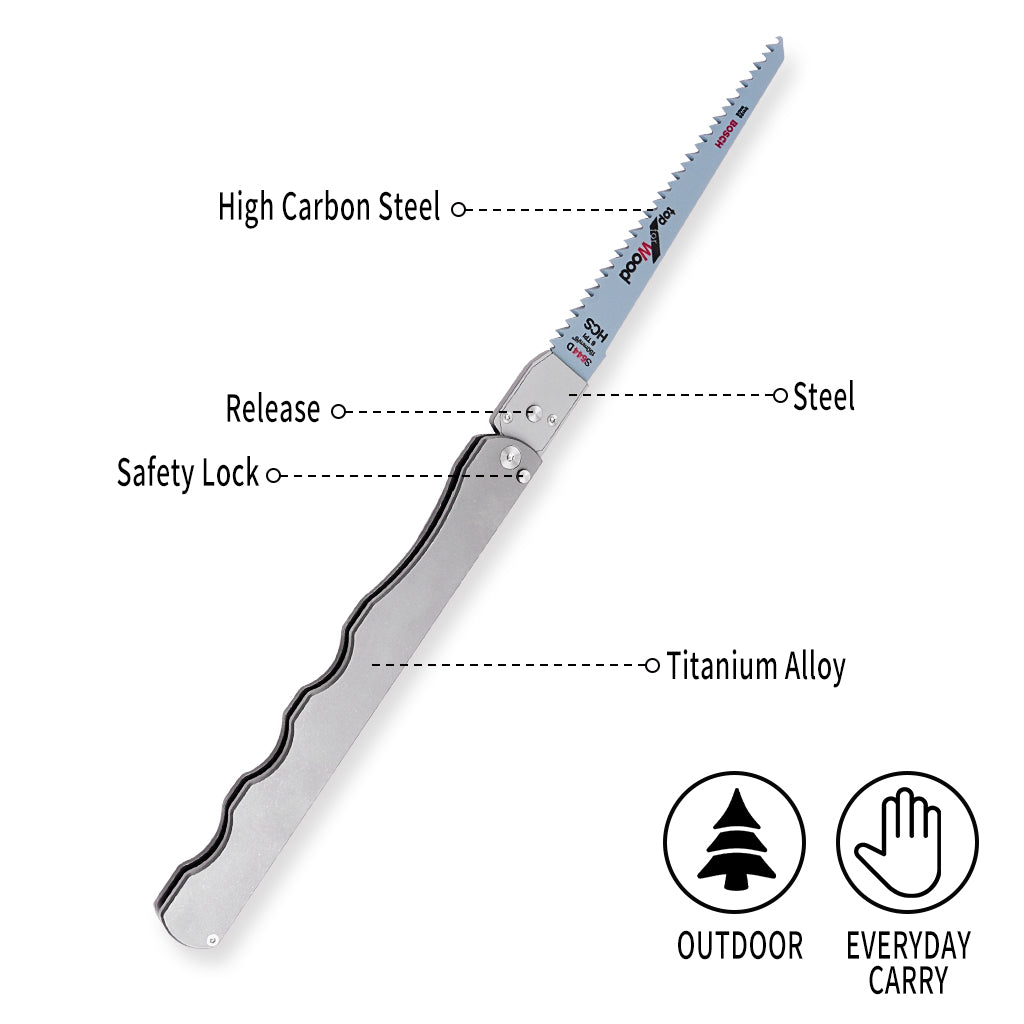 TGZUO 6.8" Premium Folding Pocket Saw - High Carbon Steel Quick-Change Cutter & Precision Machined Titanium Handle(Grey)