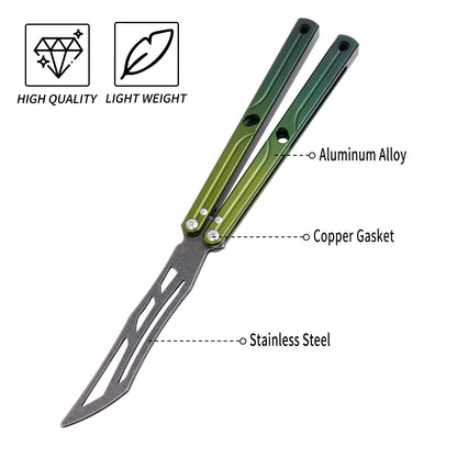 Balisong Trainer,9.76"With copper gasket,T8 Screws,Aluminum Handle（green）Dull Blade Butterfly Knife Flipping