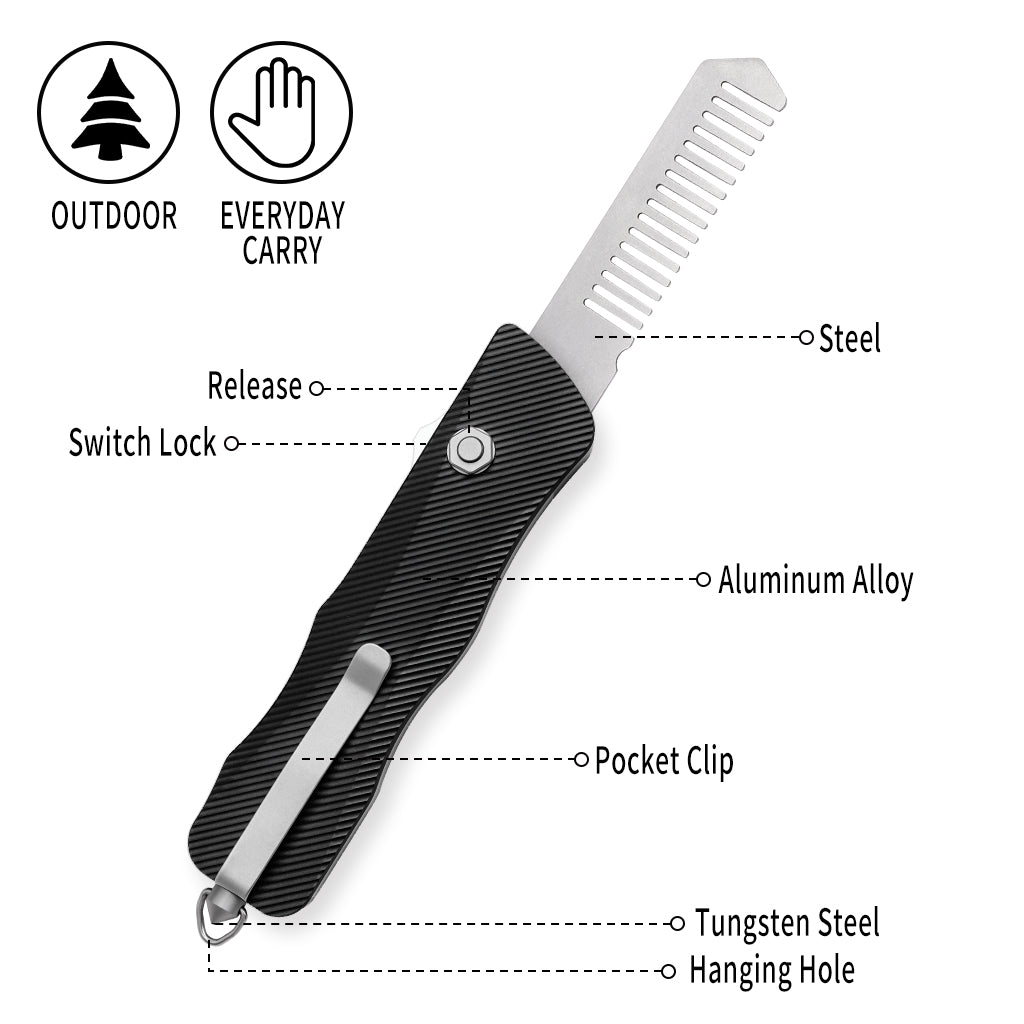 TGZUO Heavy-Duty Retractable Utility Tool Comb  - 5cr15mov Cutter & Precision Machined Aluminum Handle(Black)