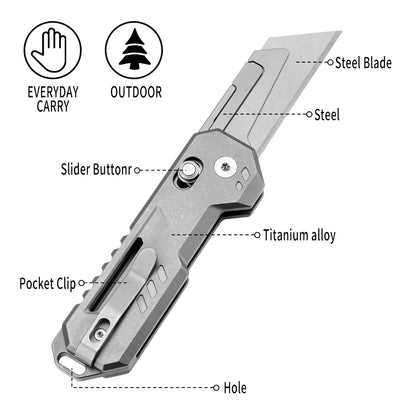 Axis Lock Folding Utility Knife,5.43" With SK2 Steel Razor Blades,Titanium Handle,Everyday Carry & Outdoor
