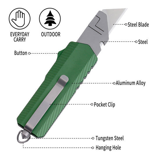 OTF Utility Knife,6.18" With SK2 Steel Razor Blades,Aluminum&PEI Handle（Green）