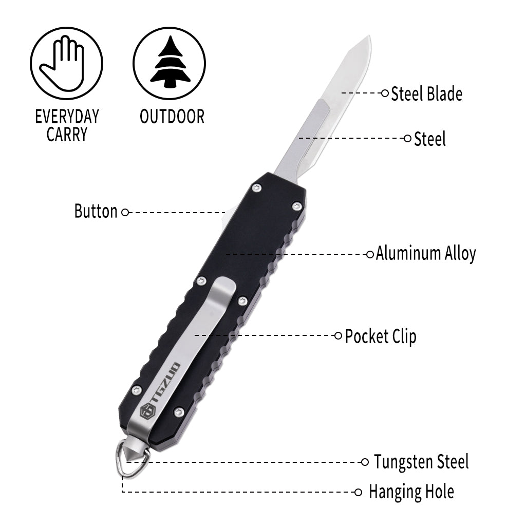 TGZUO 7.24" Compact  EDC Utility Tool - Stainless Steel #24 & #60 Universal Quick-Change Cutter & Precision Machined Aluminum Handle(Black)