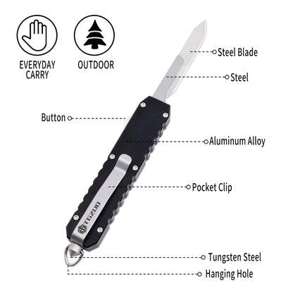 TGZUO 7.24" Compact  EDC Utility Tool - Stainless Steel #24 & #60 Universal Quick-Change Cutter & Precision Machined Aluminum Handle(Black)