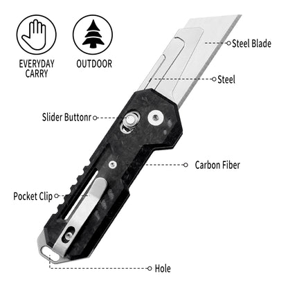 Axis Lock Folding Utility Knife,5.43" With SK2 Steel Razor Blades,Carbon Fiber Handle,Everyday Carry & Outdoor
