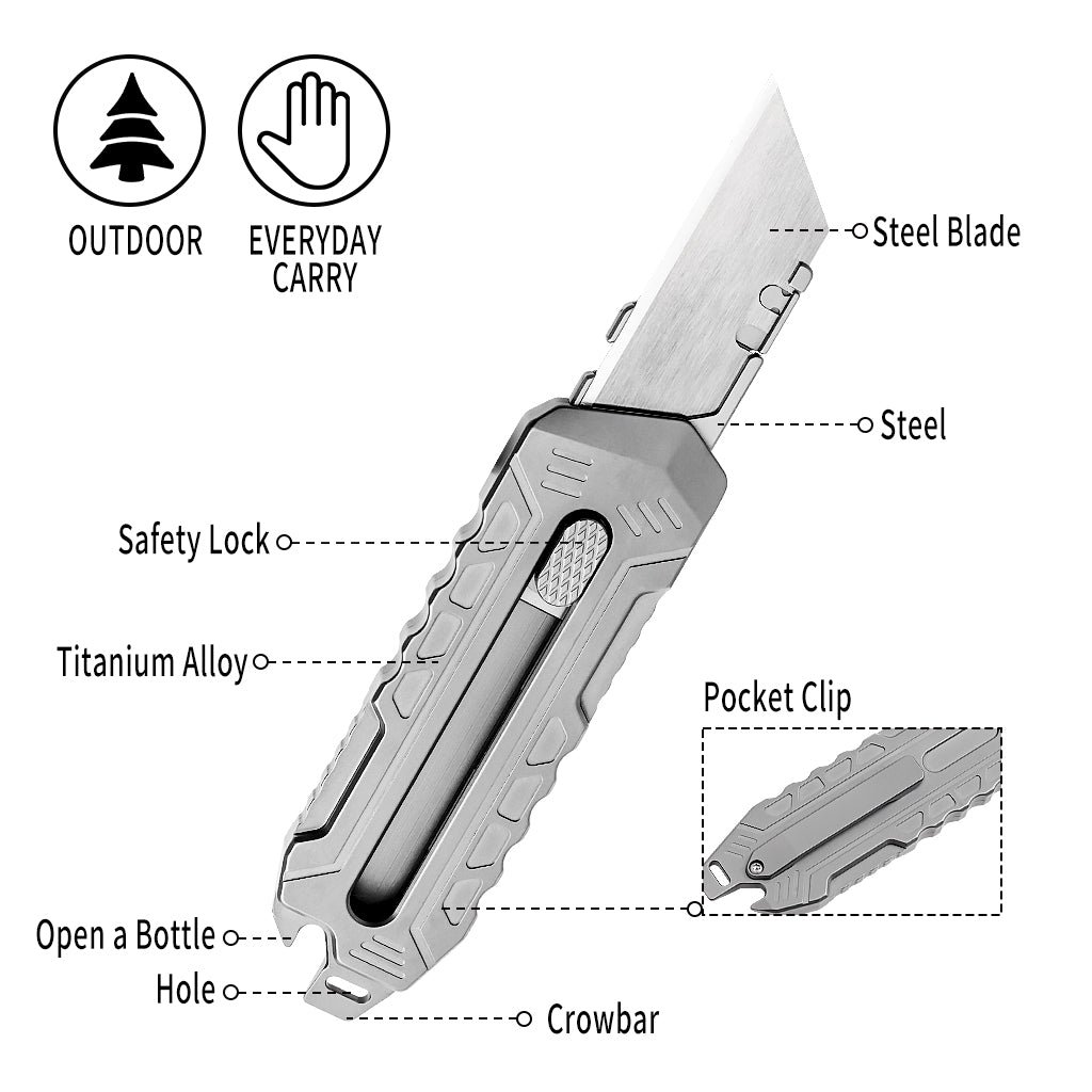 TGZUO 6.06" Heavy-Duty Retractable Utility Tool - SK5 Steel Quick-Change Cutter & Precision Machined Titanium Handle(Grey)