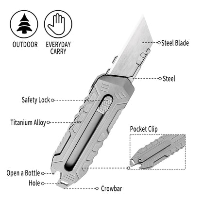 TGZUO 6.06" Heavy-Duty Retractable Utility Tool - SK5 Steel Quick-Change Cutter & Precision Machined Titanium Handle(Grey)