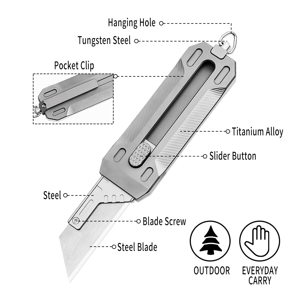 TGZUO 5.91" Heavy-Duty Retractable Utility Tool - SK5 Steel Quick-Change Cutter & Precision Machined Titanium Handle(Grey)
