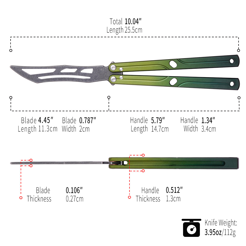 Balisong Trainer,9.76"With copper gasket,T8 Screws,Aluminum Handle（green）Dull Blade Butterfly Knife Flipping
