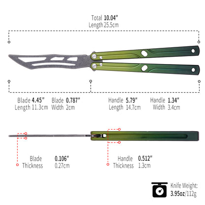 Balisong Trainer,9.76"With copper gasket,T8 Screws,Aluminum Handle（green）Dull Blade Butterfly Knife Flipping
