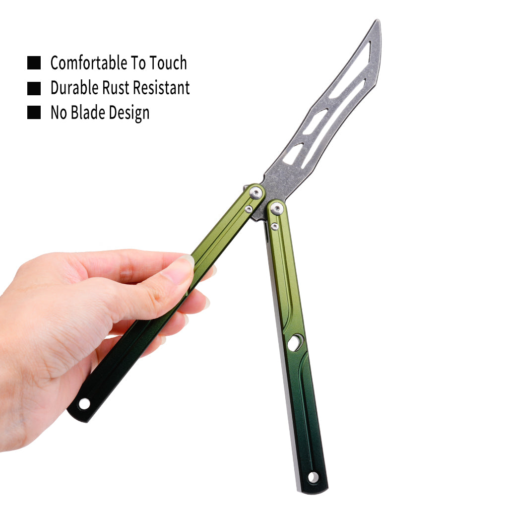 Balisong Trainer,9.76"With copper gasket,T8 Screws,Aluminum Handle（green）Dull Blade Butterfly Knife Flipping