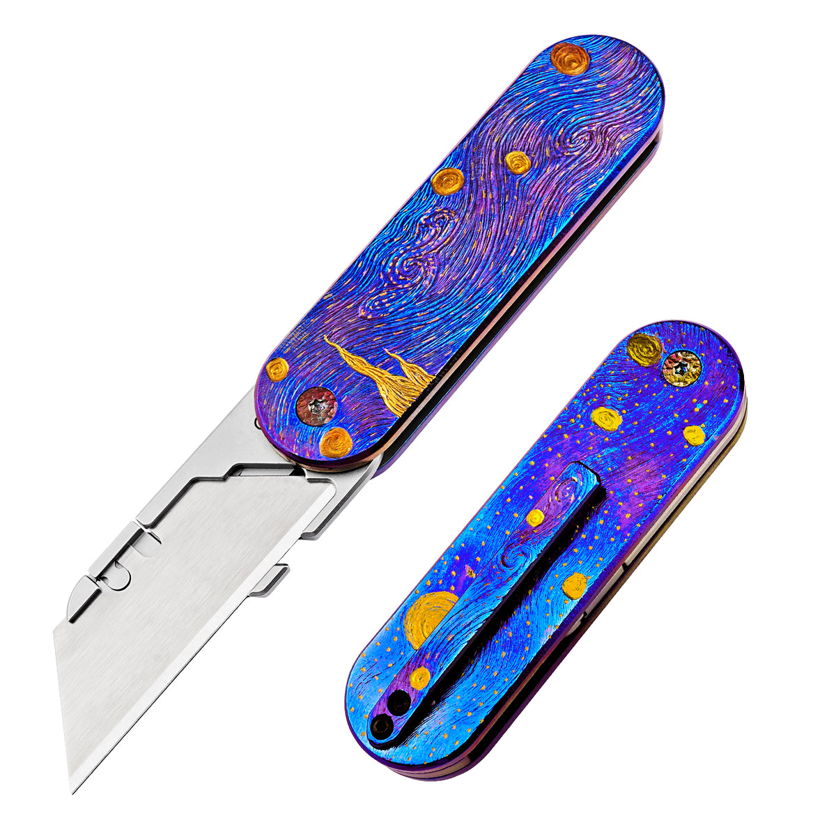 TGZUO 5.47" Premium Folding Utility Knife - Magnetic Lock Titanium Handle | Hand-Carved Starry Sky