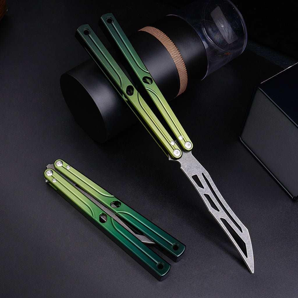 Balisong Trainer,9.76"With copper gasket,T8 Screws,Aluminum Handle（green）Dull Blade Butterfly Knife Flipping