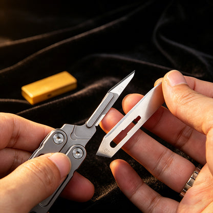 TGZUO 5.7" EDC Folding Pocket Tool - Stainless Steel #24 & #60 Universal Quick-Change Cutter & Precision Machined Titanium Handle(Grey)