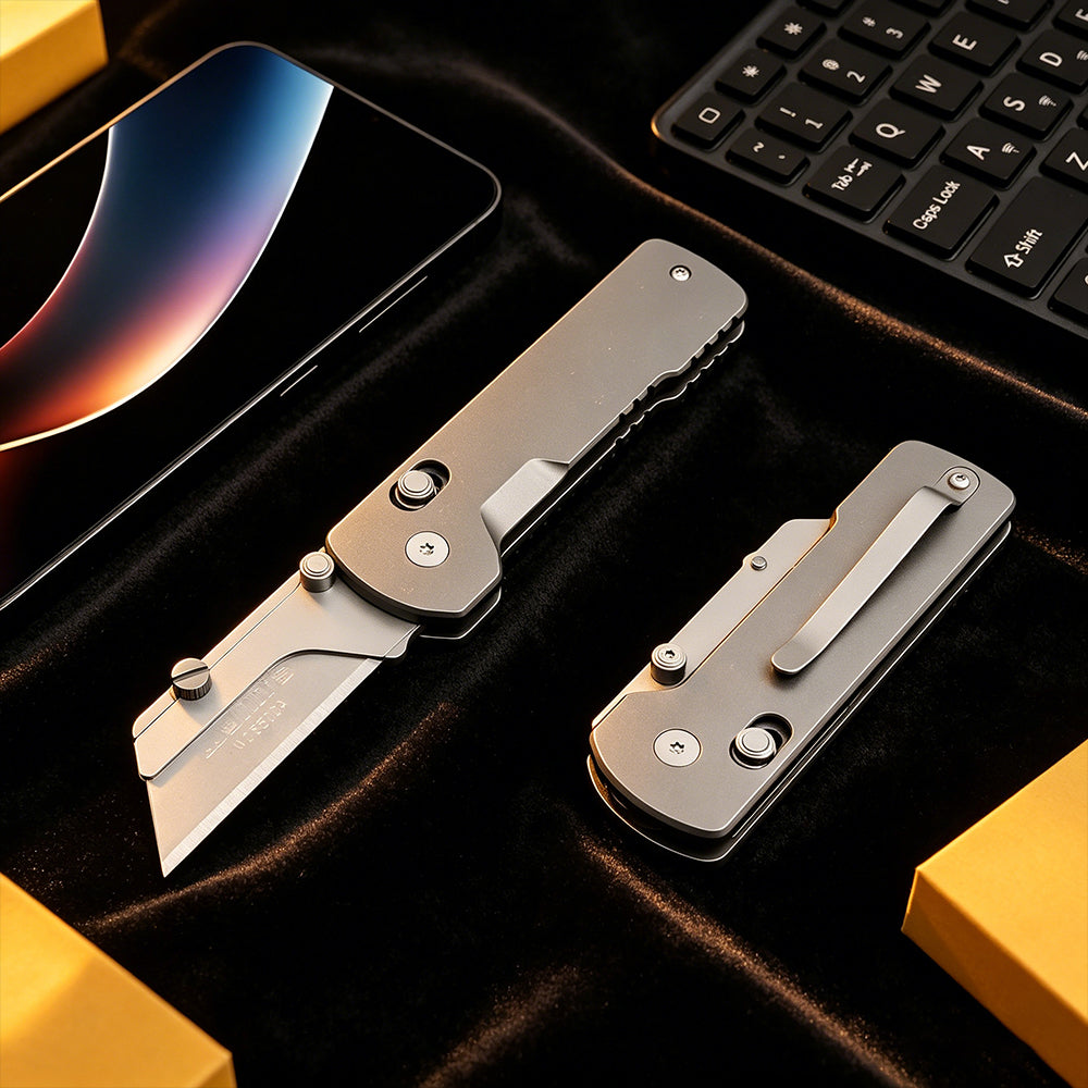 TGZUO 6.18" Premium Folding Utility Tool - SK5 Steel Quick-Change Cutter & Precision Machined Titanium Handle(Grey)