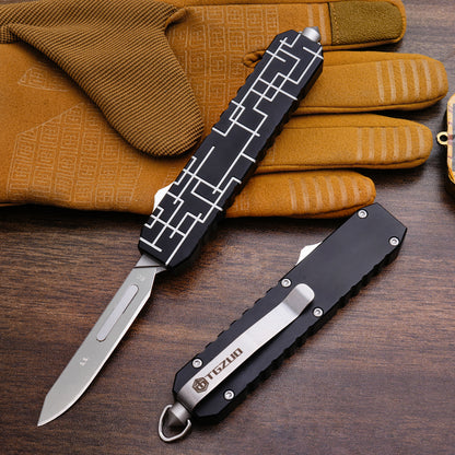 TGZUO 7.24" Compact  EDC Utility Tool - Stainless Steel #24 & #60 Universal Quick-Change Cutter & Precision Machined Aluminum Handle(Black)