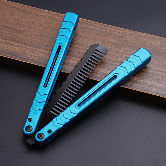 Balisong Comb Trainer,9.72"With copper gasket,T8 Screws,Aluminum Handle（Blue）Dull Blade Butterfly Knife Flipping