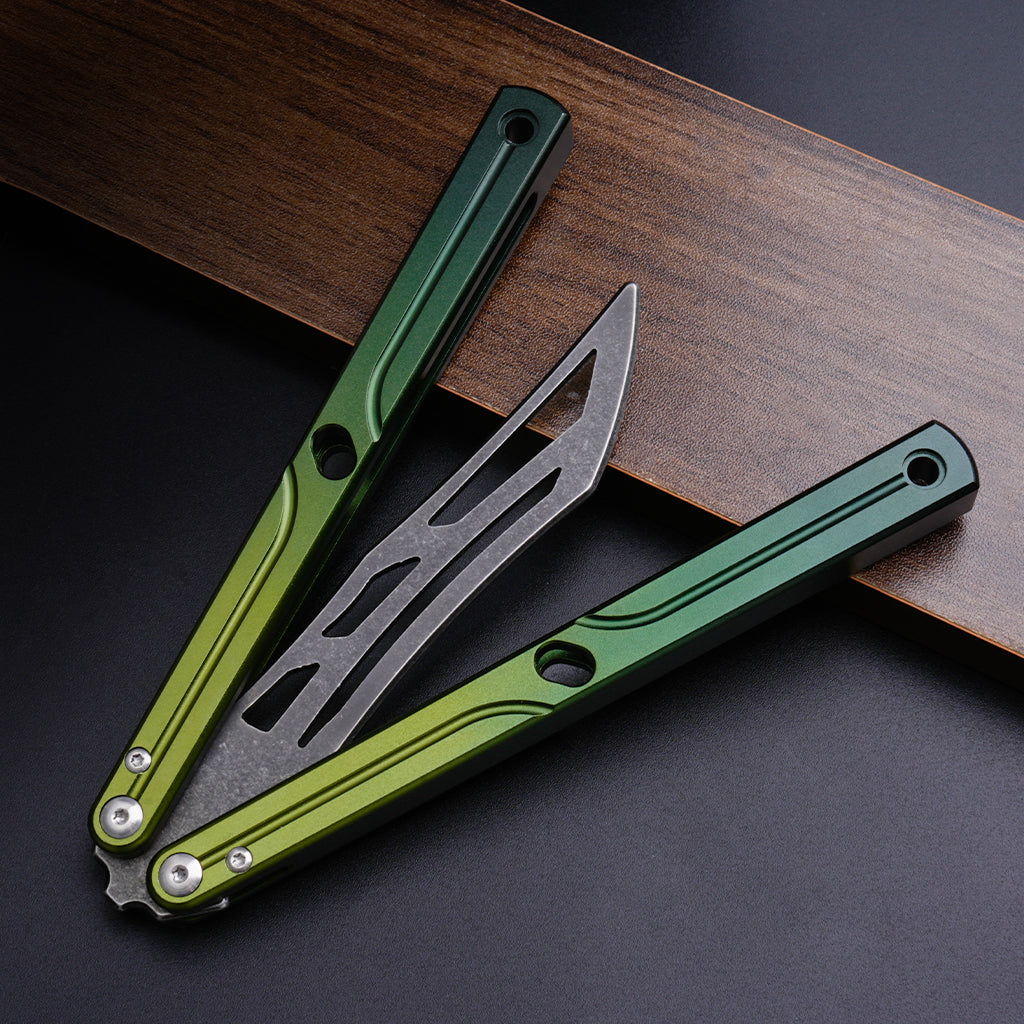 Balisong Trainer,9.76"With copper gasket,T8 Screws,Aluminum Handle（green）Dull Blade Butterfly Knife Flipping