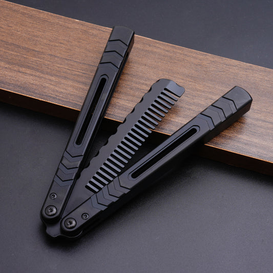 Balisong Comb Trainer,9.72"With copper gasket,T8 Screws,Aluminum Handle（Black）Dull Blade Butterfly Knife Flipping