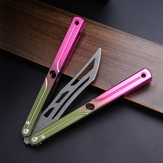 Balisong Trainer,9.76"With copper gasket,T8 Screws,Aluminum Handle（pink）Dull Blade Butterfly Knife Flipping