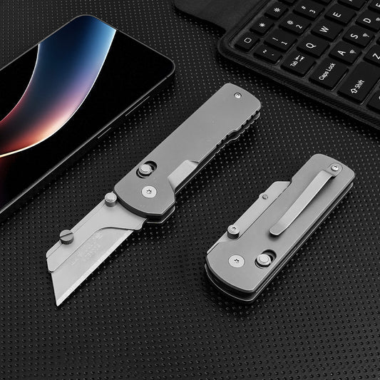 Titanium Folding Utility Knife, EDC Pocket Knife, Safety Lock Box Cutter with with 10PCS Razor Blades for Men Women