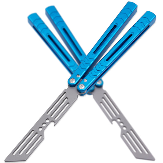 Balisong Trainer,9.76"With Copper Gasket,T8 Screws,Aluminum Handle（blue）Dull Blade Butterfly Knife Flipping