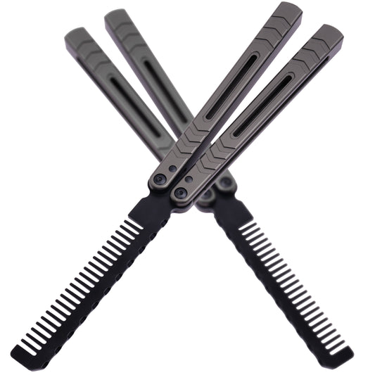 Balisong Comb Trainer,9.72"With copper gasket,T8 Screws,Aluminum Handle（Gray）Dull Blade Butterfly Knife Flipping