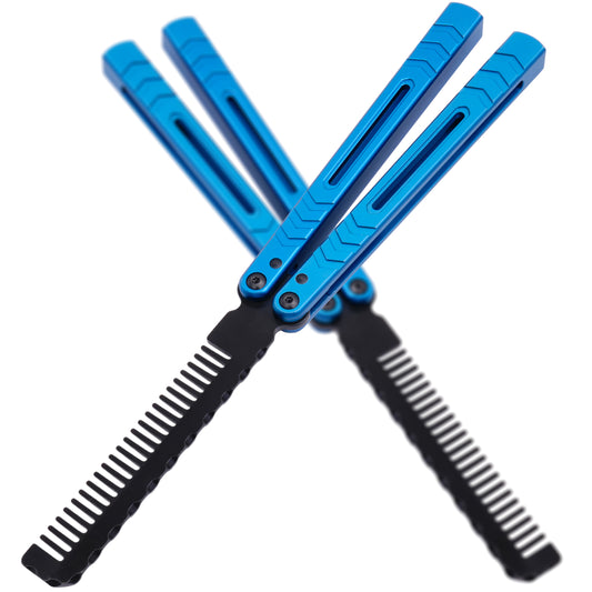 Balisong Comb Trainer,9.72"With copper gasket,T8 Screws,Aluminum Handle（Blue）Dull Blade Butterfly Knife Flipping