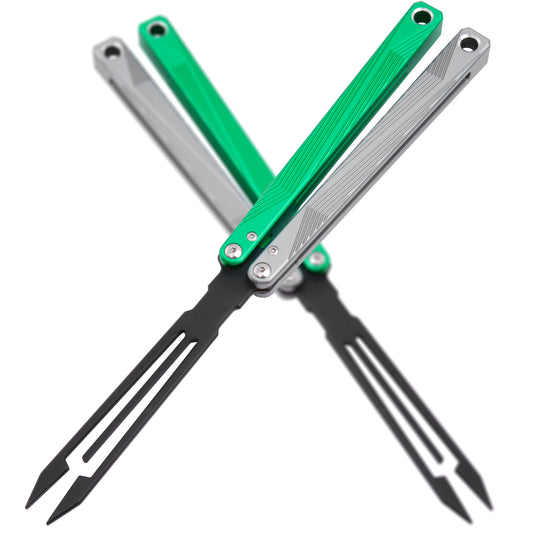 Balisong Trainer,9.84"With copper gasket,T8 Screws,Tuning Fork Head,Aluminum Handle（GreenSilvery）Dull Blade Butterfly Knife Flipping ﻿