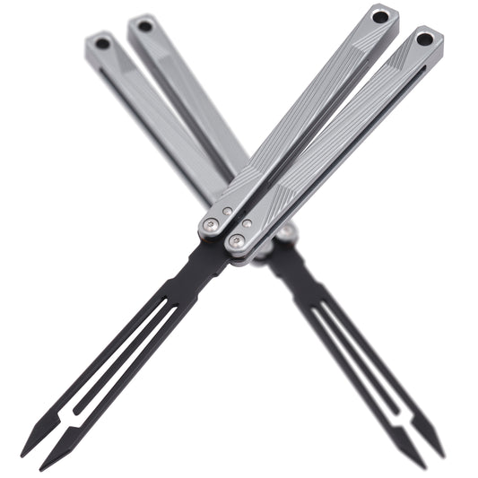 Balisong Trainer,9.84"With copper gasket,T8 Screws,Tuning Fork Head,Aluminum Handle（Silvery）Dull Blade Butterfly Knife Flipping