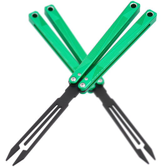 Balisong Trainer,9.84"With copper gasket,T8 Screws,Tuning Fork Head,Aluminum Handle（Green）Dull Blade Butterfly Knife Flipping