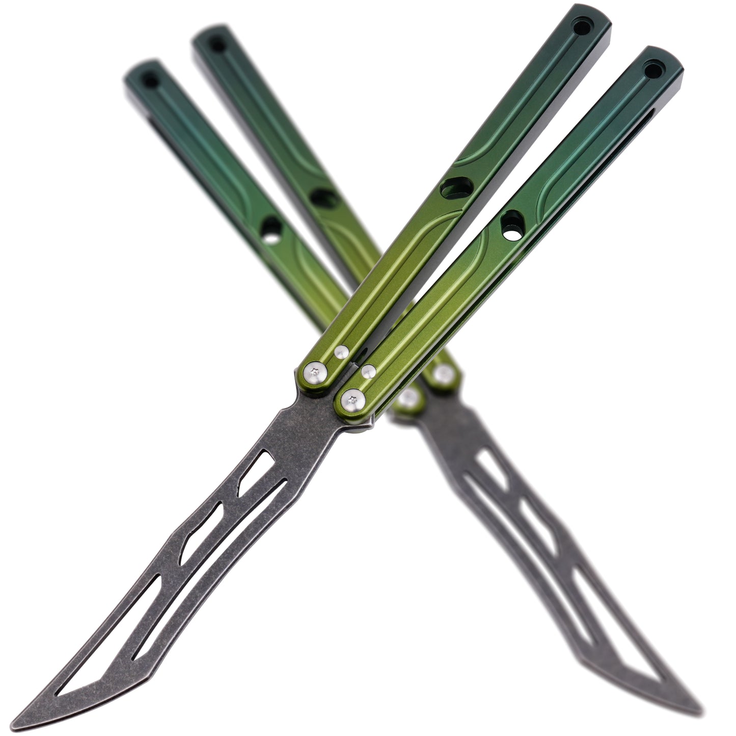 Balisong Trainer,9.76"With copper gasket,T8 Screws,Aluminum Handle（green）Dull Blade Butterfly Knife Flipping