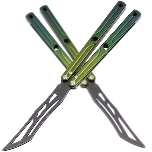Balisong Trainer,9.76"With copper gasket,T8 Screws,Aluminum Handle（green）Dull Blade Butterfly Knife Flipping