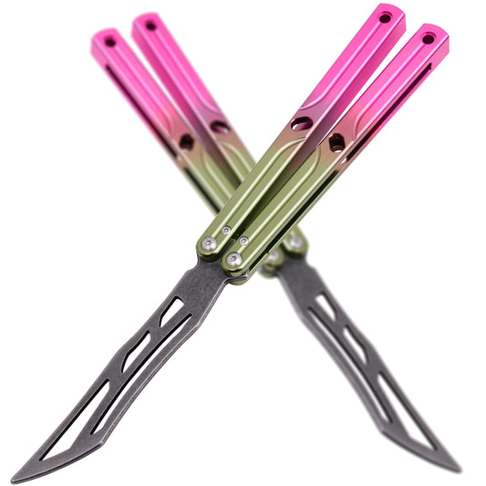 Balisong Trainer,9.76"With copper gasket,T8 Screws,Aluminum Handle（pink）Dull Blade Butterfly Knife Flipping