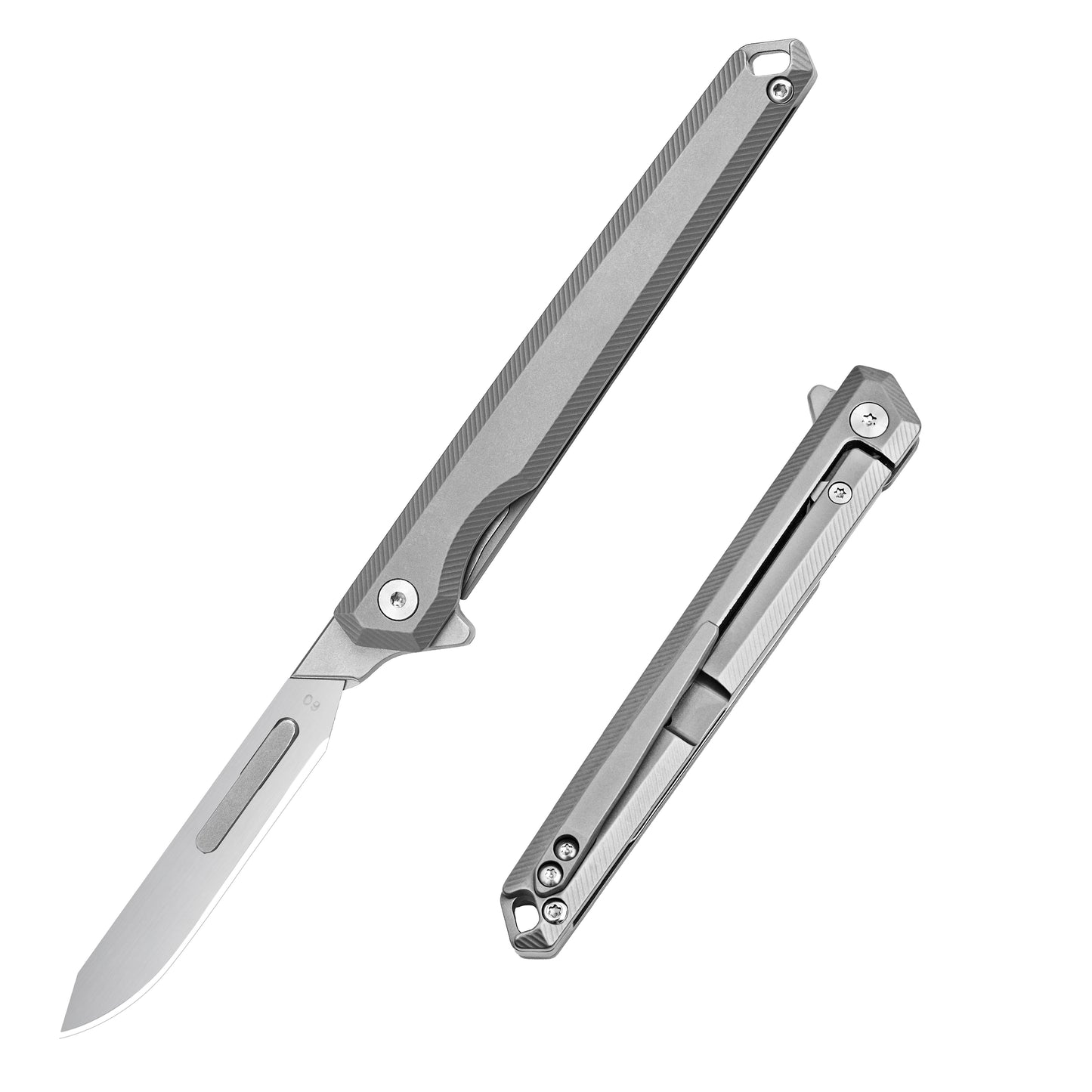 TGZUO 7.24in Folding Utility Scalpel - Quick-Change Blade, Grey Titanium Handle | TGQ29