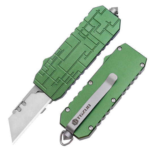 OTF Switchblade Knife with Clip & Window Breaker - Quick Change Blade, Anode Oxygen Green Aluminum Handle
