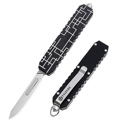 TGZUO 7.24" Compact  EDC Utility Tool - Stainless Steel #24 & #60 Universal Quick-Change Cutter & Precision Machined Aluminum Handle(Black)