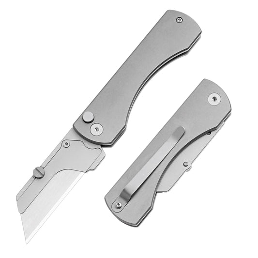 TGZUO 5.98in Button Lock EDC Folding Utility Knife - Quick-Change Blade, Grey Titanium Handle | TGQ52