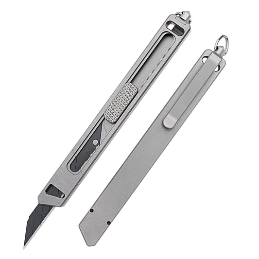 TGZUO 7.48in Retractable Pocket Utility Knife - Quick-Change Blade, Grey Titanium Handle | TGQ55
